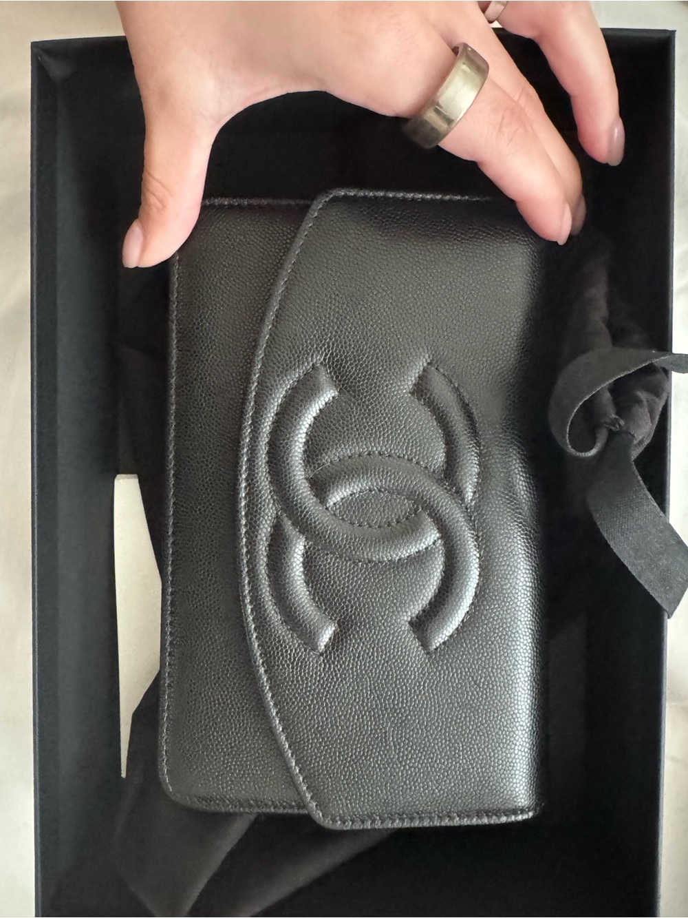 CHANEL Black Quilted Caviar Leather Wallet on Chain